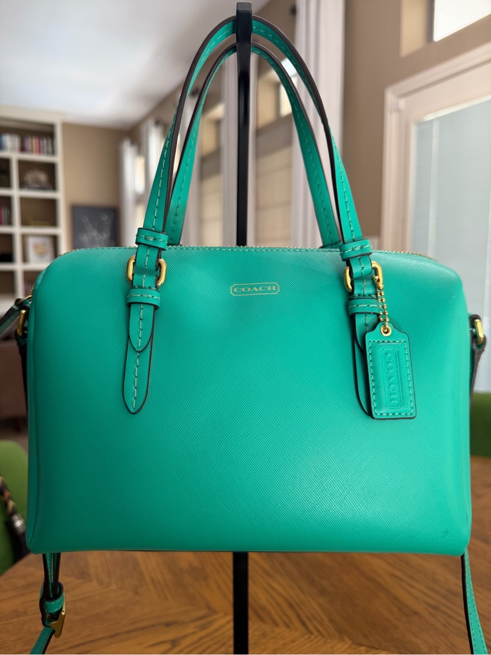 COACH Mini Taylor Teal Saffiano Leather Satchel with Strap EUC